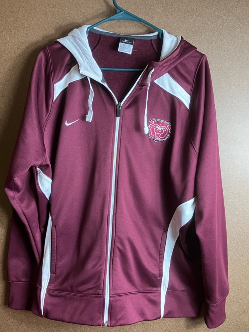 Nike Maroon and White Full‑Zip Hoodie with Bear Patch